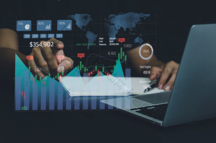 业务分析和经济增长大数据与金融图概念数字虚拟屏幕市场营销指示板技术和全球经济网络连接