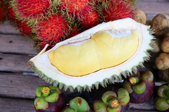 著名的泰国水果榴莲山竹果和红毛丹木表格