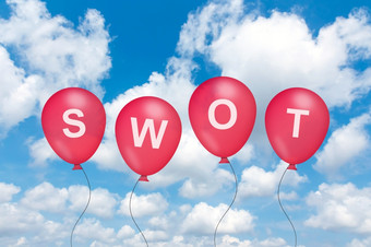 SWOT分析的优势弱点机会而且威胁文本气球与蓝色的天空背景