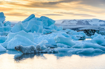 风景优美的视图冰山杰古沙龙冰雪龙冰川环礁湖冰岛日落