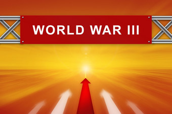 红色的箭头和世界战争3红色的路标志与模糊背景