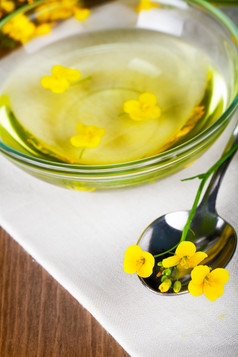 油菜籽石油与油菜籽花朵表格背景
