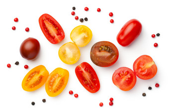 新鲜的色彩斑斓的樱桃西红柿孤立的白色背景红色的黄色的和棕色（的）番茄前视图