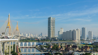 空中视图曼谷城市与潮Phraya河泰国