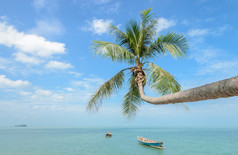 热带海海滩与椰子棕榈树而且长尾船泰国