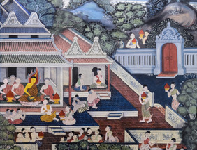 古老的佛教寺庙壁画绘画的生活佛曼谷泰国