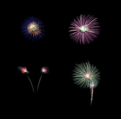 集合色彩斑斓的节日四个烟花爆炸在晚上天空孤立的黑色的背景