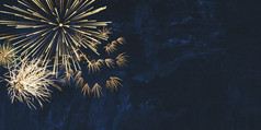 新一年背景横幅全景图像金烟花罗马焰火筒黑暗蓝色的晚上天空纹理与复制空间为文本