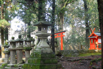 鸟居门而且石头灯笼的路径领先的的春日神社奈良