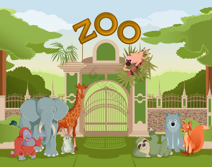 动物园门与动物向量图像动物园门与动物