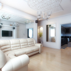 生活房间室内设计与白色皮革沙发