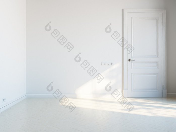 白色空室内与白色门而且阳光