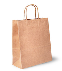 空开放棕色（的）纸袋为食物垂直孤立的白色背景