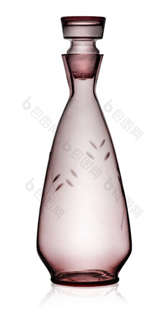 米色玻璃水瓶与塞孤立的白色背景