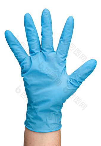 手蓝色的乳胶手套孤立的白色背景