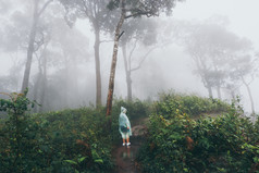 美丽的连帽年轻的女人蓝色的外套热带雨林