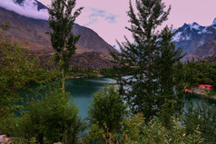 视图卡丘拉湖与山和树叶鸬鹚吉尔吉特巴尔蒂斯坦巴基斯坦