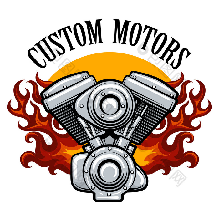车手赛车团队摩托车俱乐部摩托车服务徽章与电动机火焰向量插图