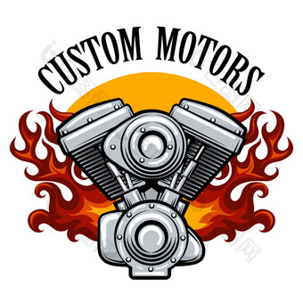 车手赛车团队摩托车俱乐部摩托车服务徽章与电动机火焰向量插图