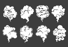 八个白色云烟蒸汽黑色的背景画卡通风格向量插图