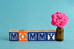 的词妈妈拼写与字母块对蓝色的背景与粉红色的花