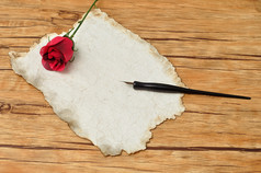 古董黑色的喷泉笔与老纸和红色的玫瑰