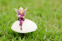 仙女小雕像坐着蘑菇的花园
