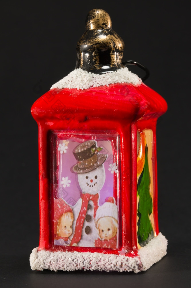 古董红色的圣诞节灯笼与雪人而且孩子们图片