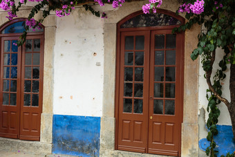 古董葡萄牙语体系结构老棕色（的）通过附近植被obidos主要街葡萄牙古董葡萄牙语体系结构老棕色（的）通过附近植被