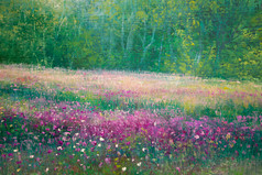 石油帆布绘画春天草地与紫罗兰色的花和绿色树石油帆布绘画春天草地与紫罗兰色的花和绿色树