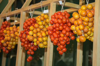 集黄色的和橙色樱桃西红柿分组集群和挂木梁集黄色的和橙色樱桃西红柿分组集群和挂木梁