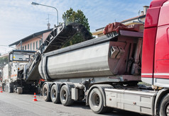 路建设沥青铺平道路路自动倾卸车卡车加载与沥青磨碎的从冷计划机