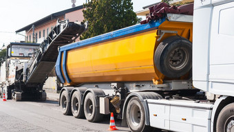 路建设沥青铺平道路路自动倾卸车卡车加载与沥青磨碎的从冷计划机