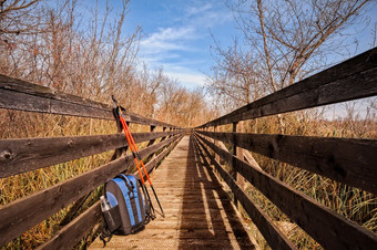 木人行桥为徒步旅行自然公园泥炭书与波兰人和背包