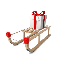 木雪橇与礼物盒子插图孤立的白色背景