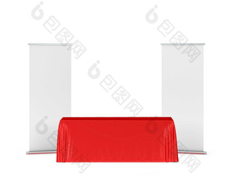 空白<strong>贸易</strong>展桌布与上卷横幅一边插图孤立的白色背景