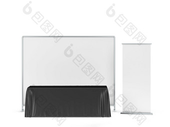 空白贸易展桌布与横幅一边插图孤立的白色背景