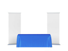 空白贸易展桌布与上卷横幅一边插图孤立的白色背景