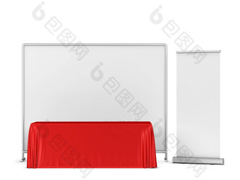 空白贸易展桌布与背景和汇总横幅模型<strong>插图</strong>孤立的白色背景