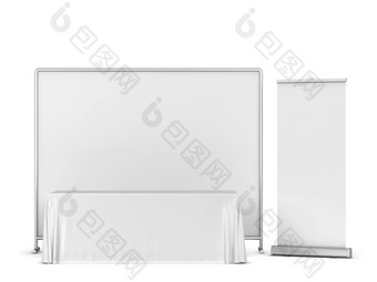 空白贸易展桌布与背景和汇总横幅模型插图孤立的白色背景