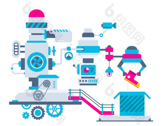 向量工业插图背景的工厂为包装运动鞋颜色明亮的平设计为横幅网络网站广告打印海报图片