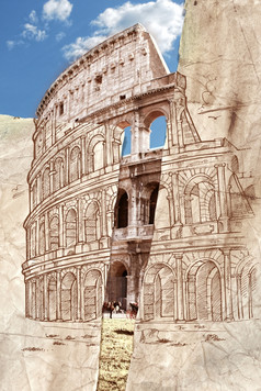 罗马圆形大剧场手画拼贴画背景