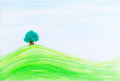 单树绿色山下蓝色的天空水彩设计与程式化的艺术创建而且画摄影师