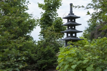 区域的日本花园与雕塑在的树日本花园夏天与高耸的树雕塑