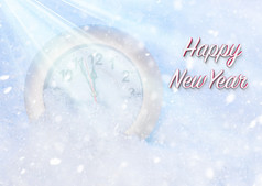 新一年rsquo背景与时钟的雪和下降雪与祝贺的文本