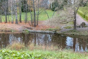 户外秋天公园景观为秋天秋天冷静安静的池塘的秋天公园