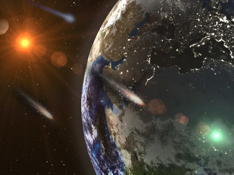 视图的地球从外空间彗星飞行的地球地球地球从空间飞行的彗星地球