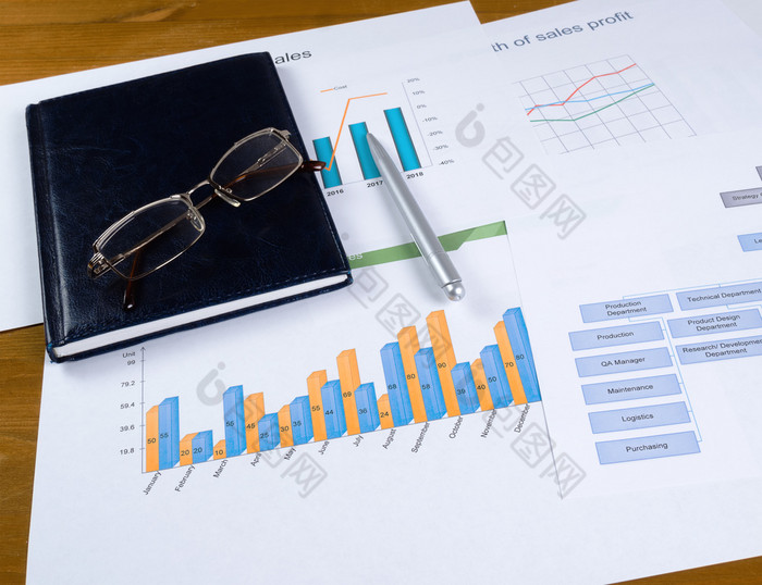 业务规划概念图表笔记本眼镜和圆珠笔笔的桌面桌面与图形图表日记和眼镜和笔