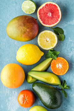 前视图不同的选择多汁的有机热带水果超级食物健康的食物背景