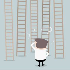 插图商人standin前面不同的梯子不确定哪一个一个爬决定使概念每股收益向量